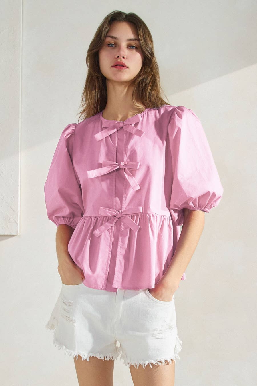 Poplin Front Tie Ribbon Peplum, Modest Puff Sleeve