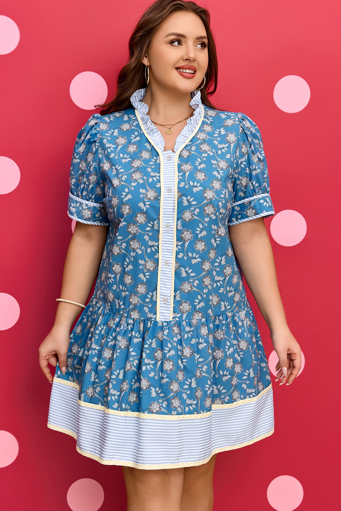 Blue Floral Print Striped Patchwork Detail Button Front Ruffle Hem Dress