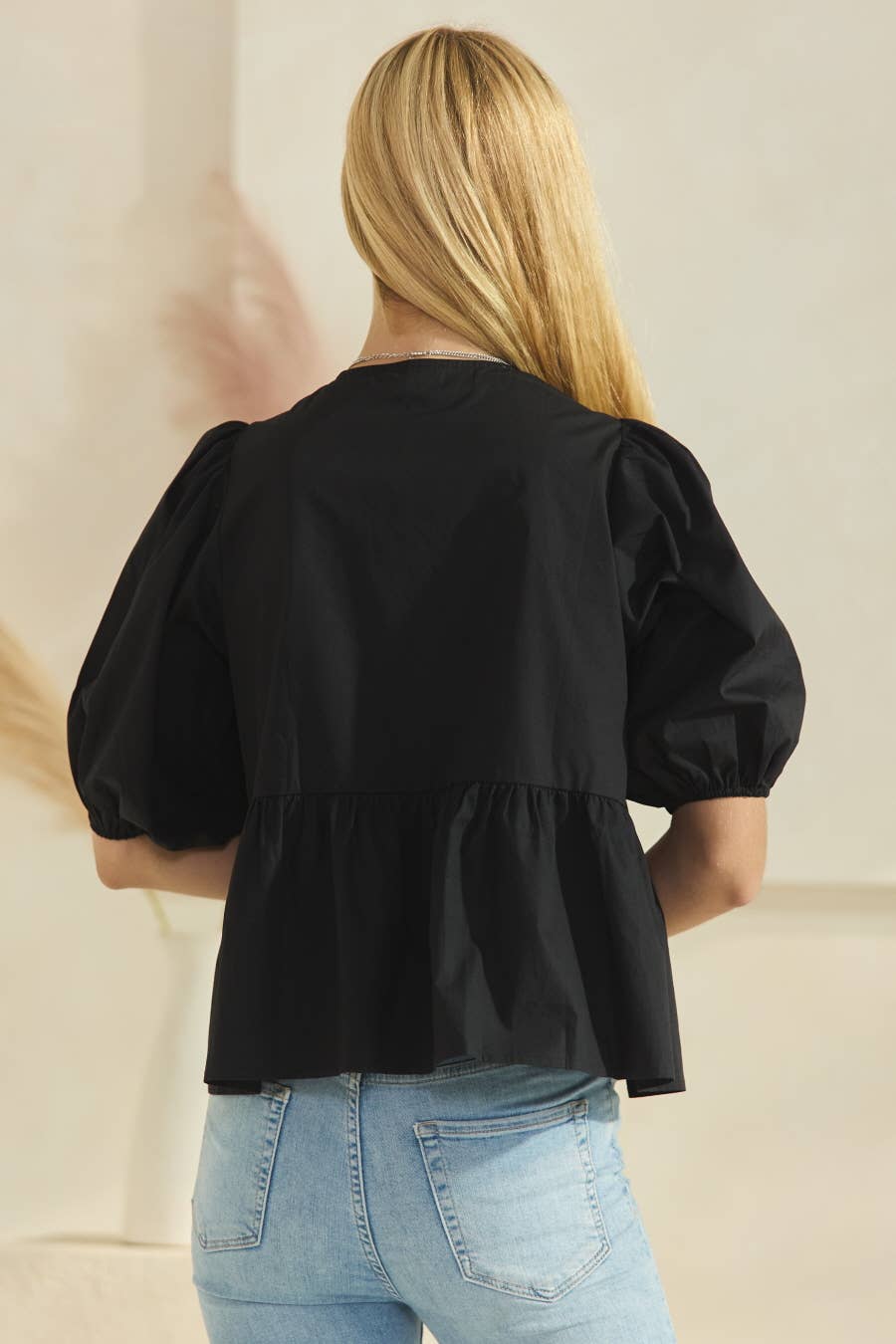 Poplin Front Tie Ribbon Peplum, Modest Puff Sleeve