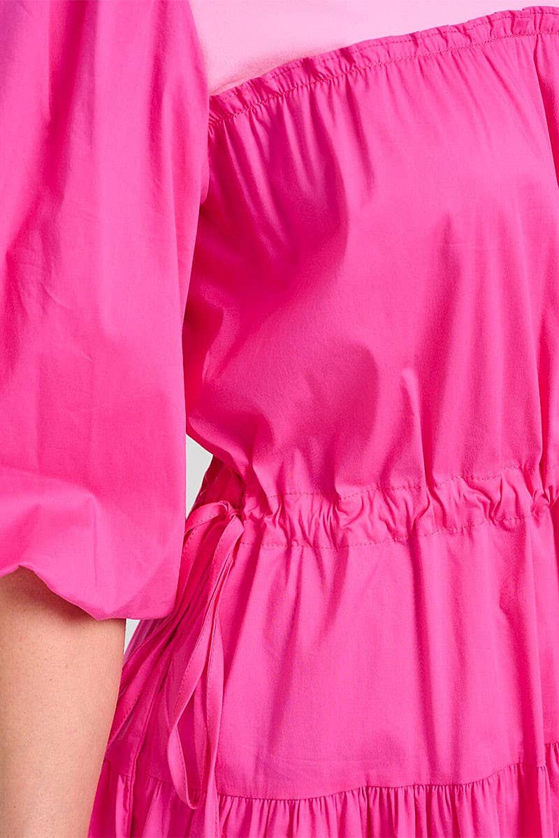Midi Dress With Puff Sleeves Colorblock Adjustable Waist Modest Fashion