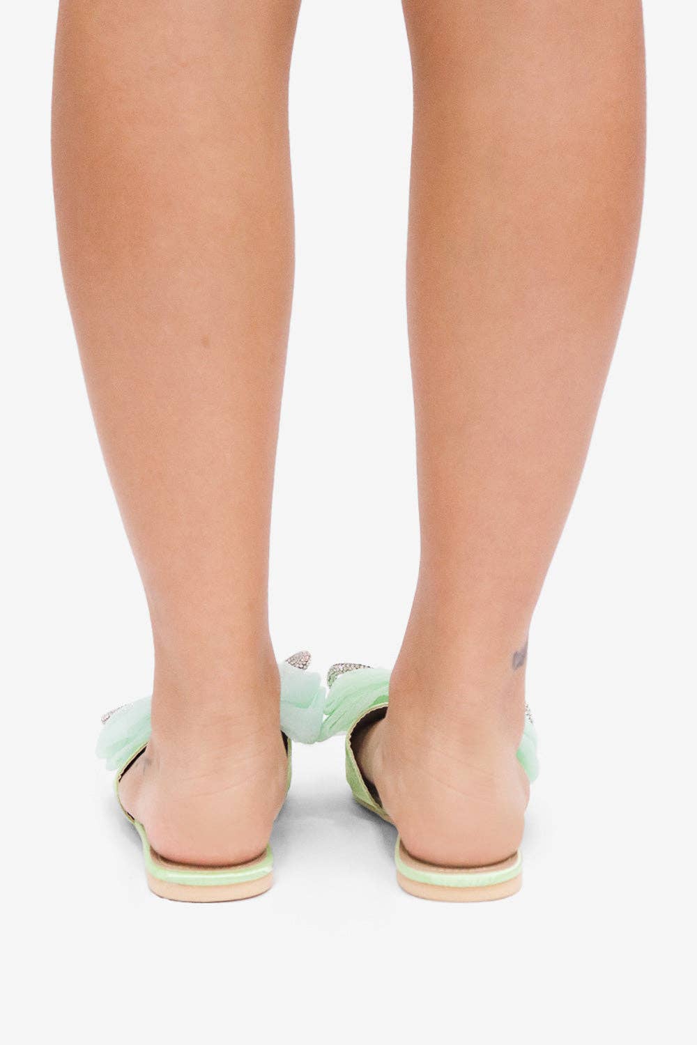 Spring Green/ Bow Accent Sandals with Rhinestones- Slip On/ Flat