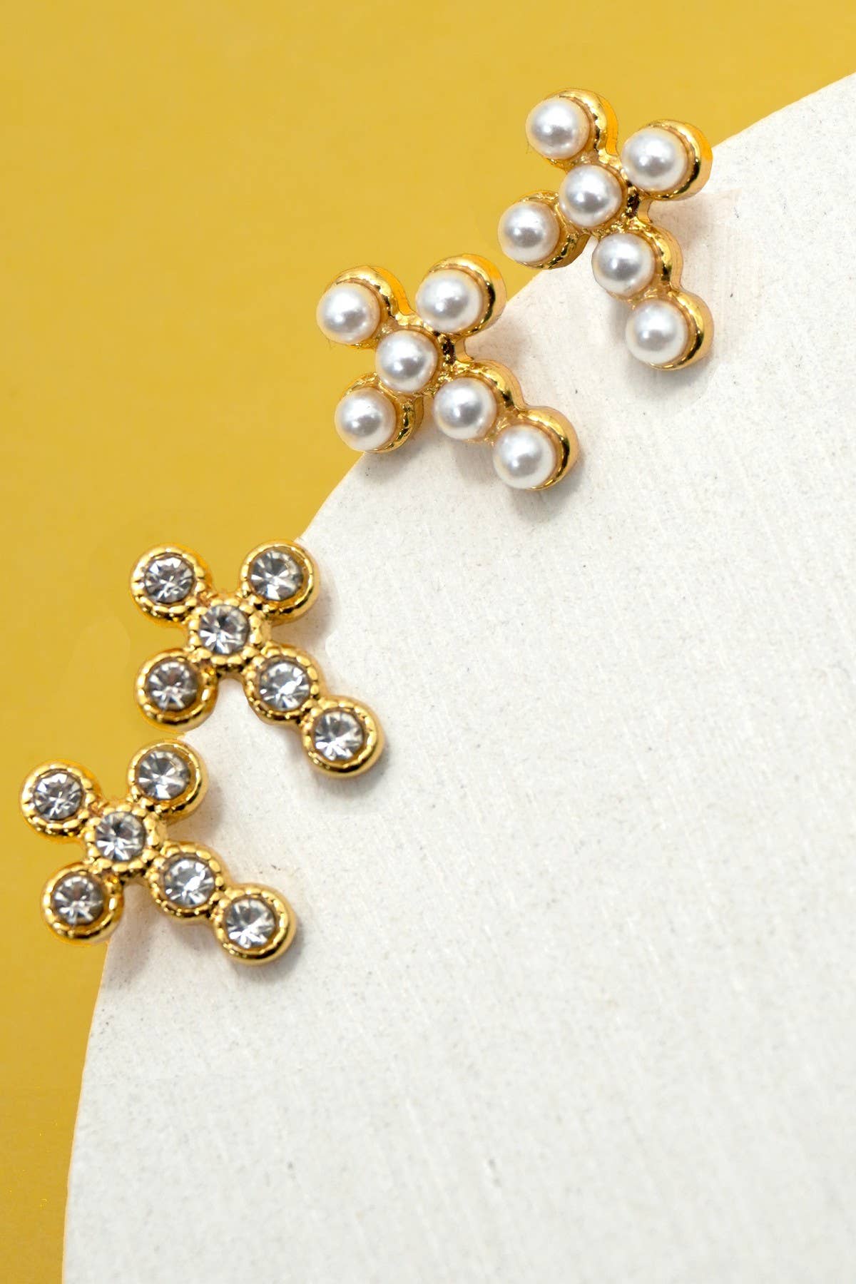 Cross Stud Earrings Set Faith Based Tarnish Resistant 18K Gold Plated CZ Pearl