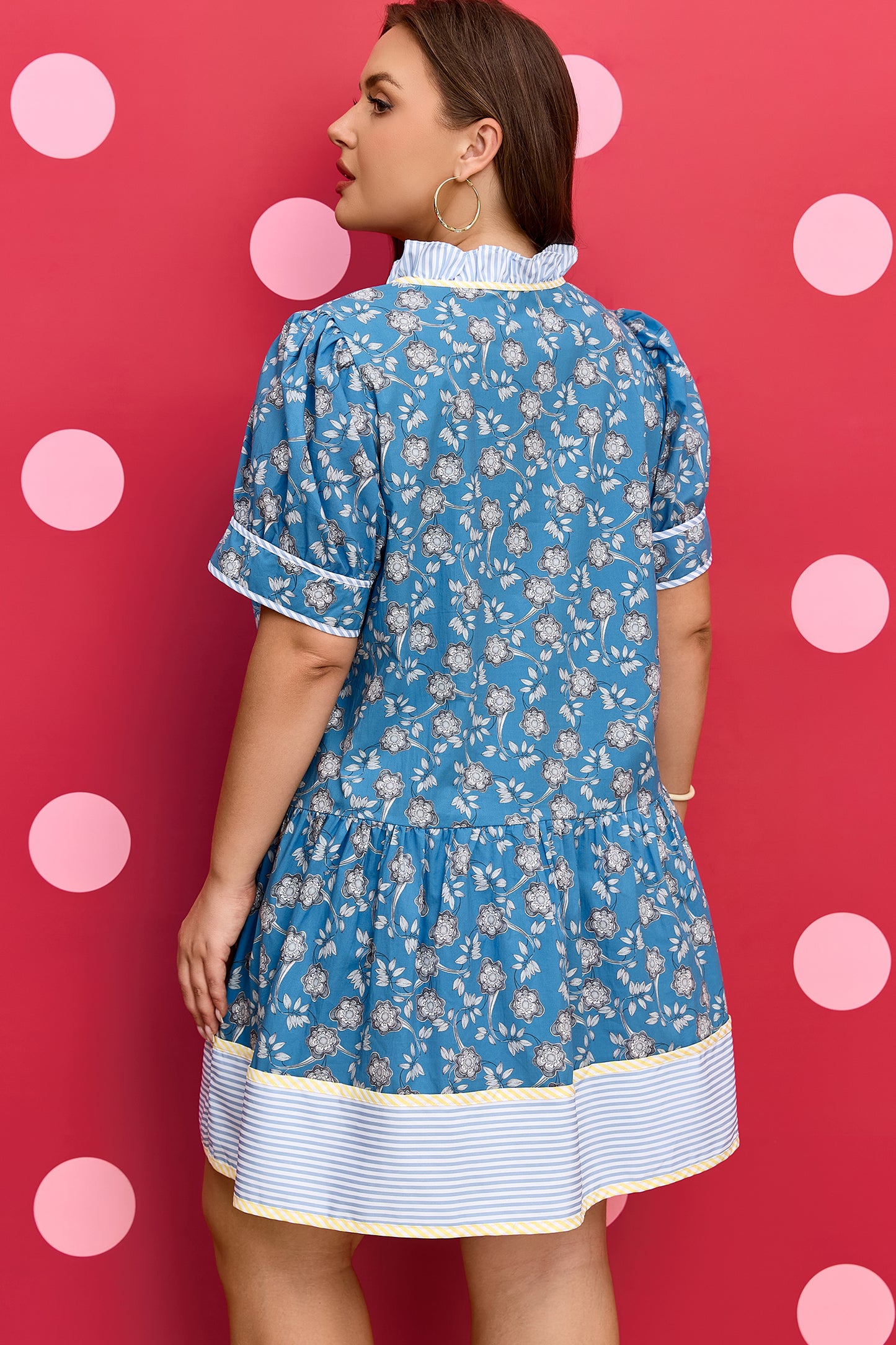 Blue Floral Print Striped Patchwork Detail Button Front Ruffle Hem Dress