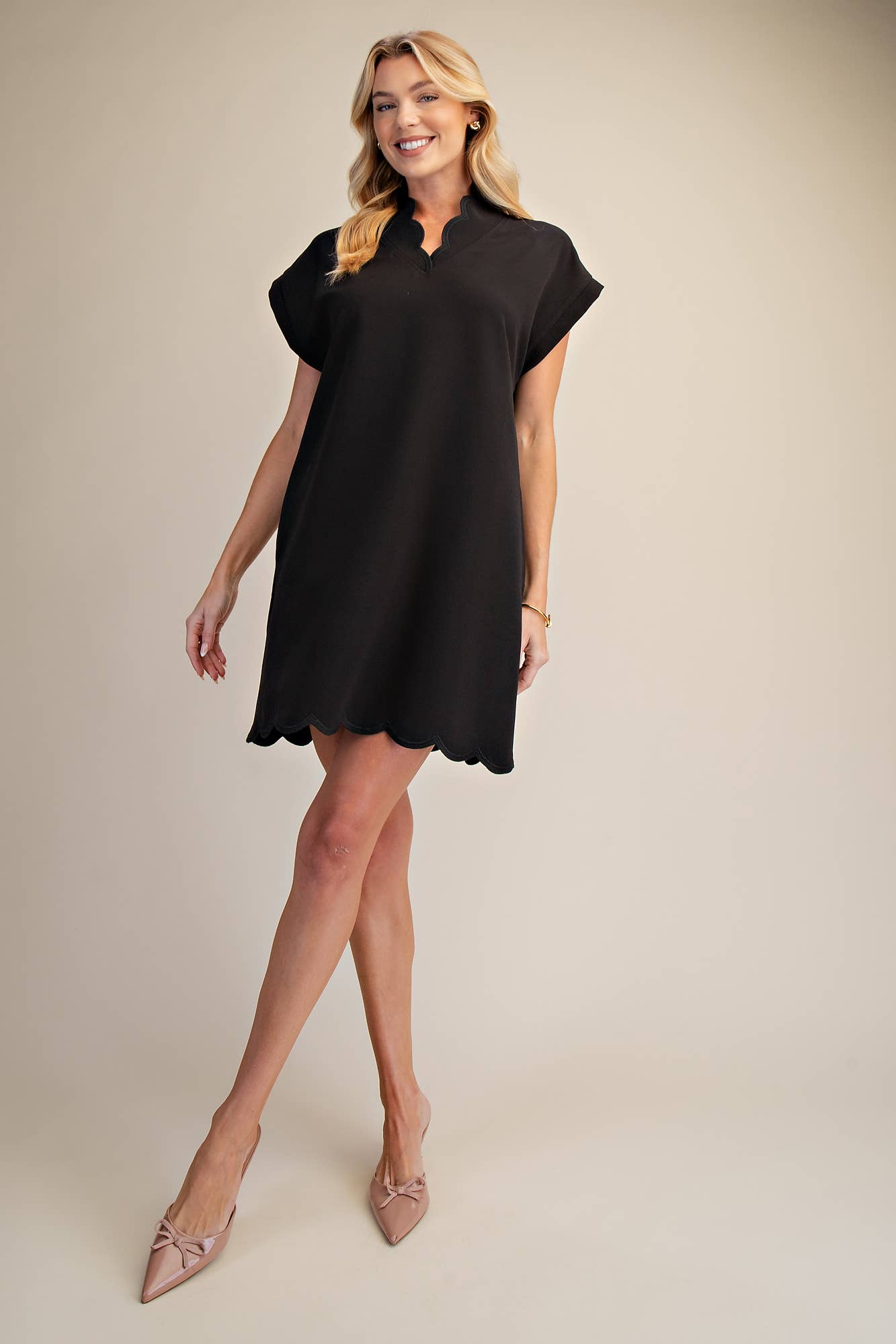 Mini Dress With Embroidered Scallop Trim V Neck And Hem Cap Sleeves - Super Cute