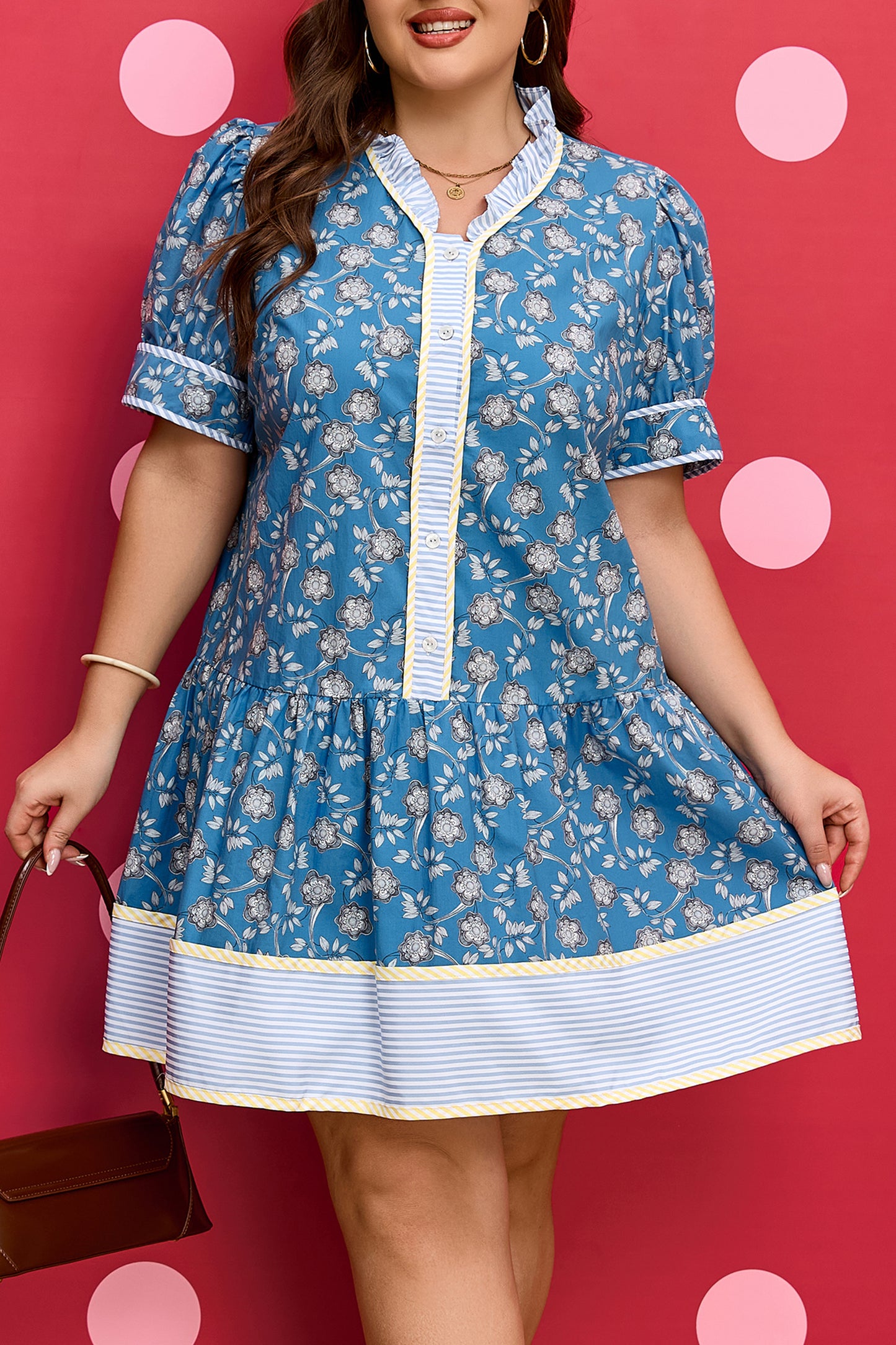 Blue Floral Print Striped Patchwork Detail Button Front Ruffle Hem Dress