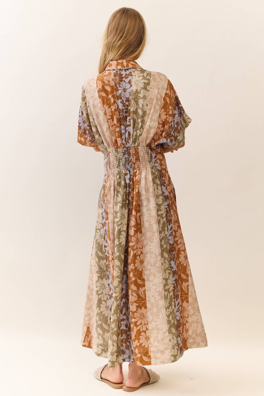 Midi Dress Modest Mixed Floral Print With Button Front Collar Relaxed Fit