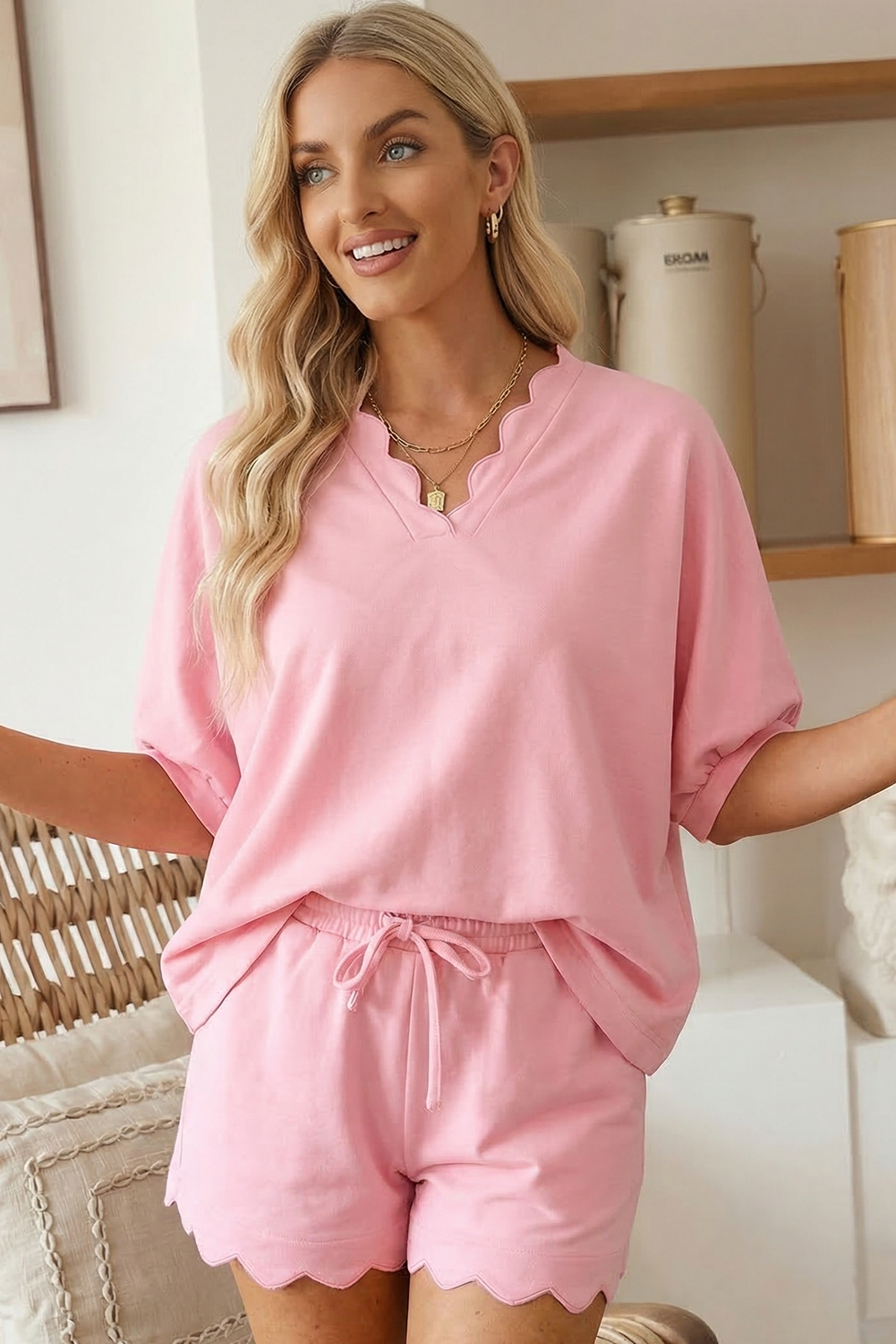 Scalloped V Neck Top And Short Set