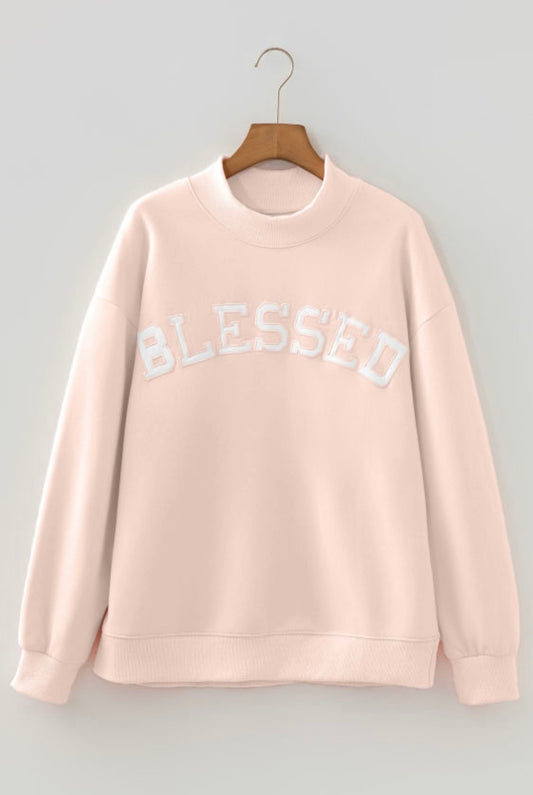 Sweatshirt Le Sage May Blessed Embroidered Faith Based Crewneck Light Pink