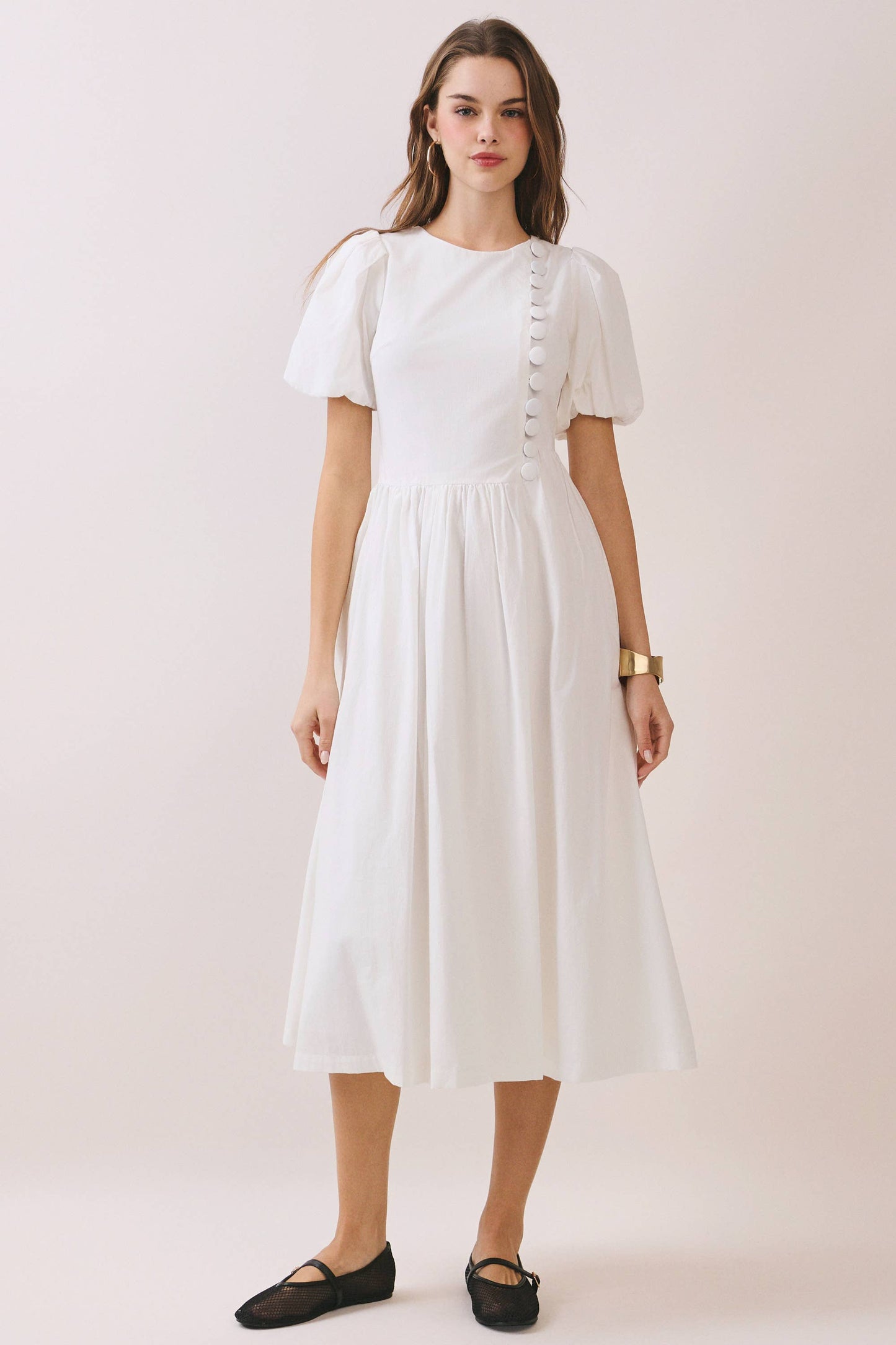 Puff Sleeve Midi Dress - Le Sage May Modest Round-Neck Faux Button Front