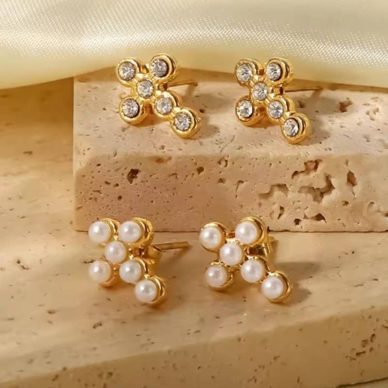 Cross Stud Earrings Set Faith Based Tarnish Resistant 18K Gold Plated CZ Pearl