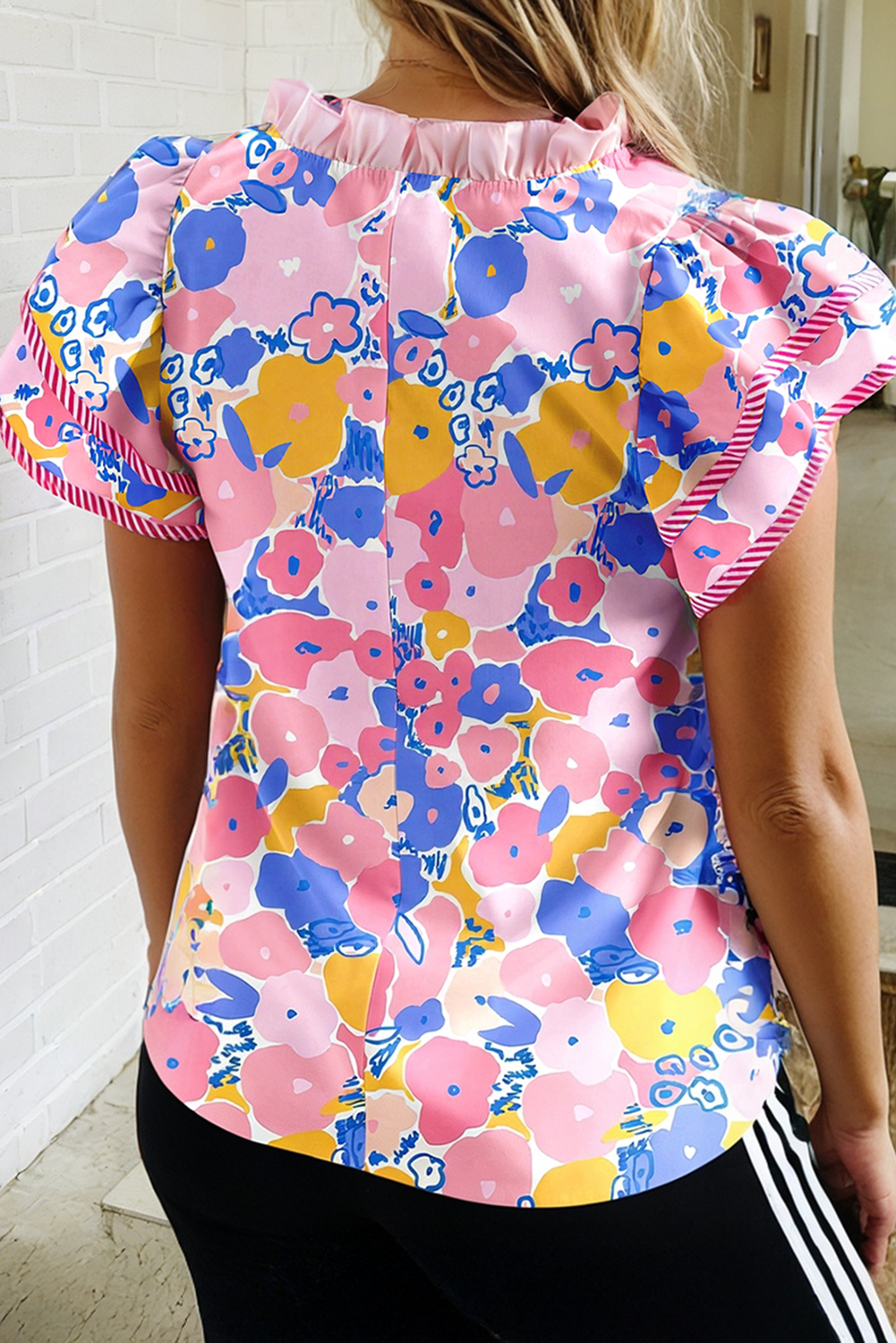 Pink Floral Flutter Sleeve Blouse