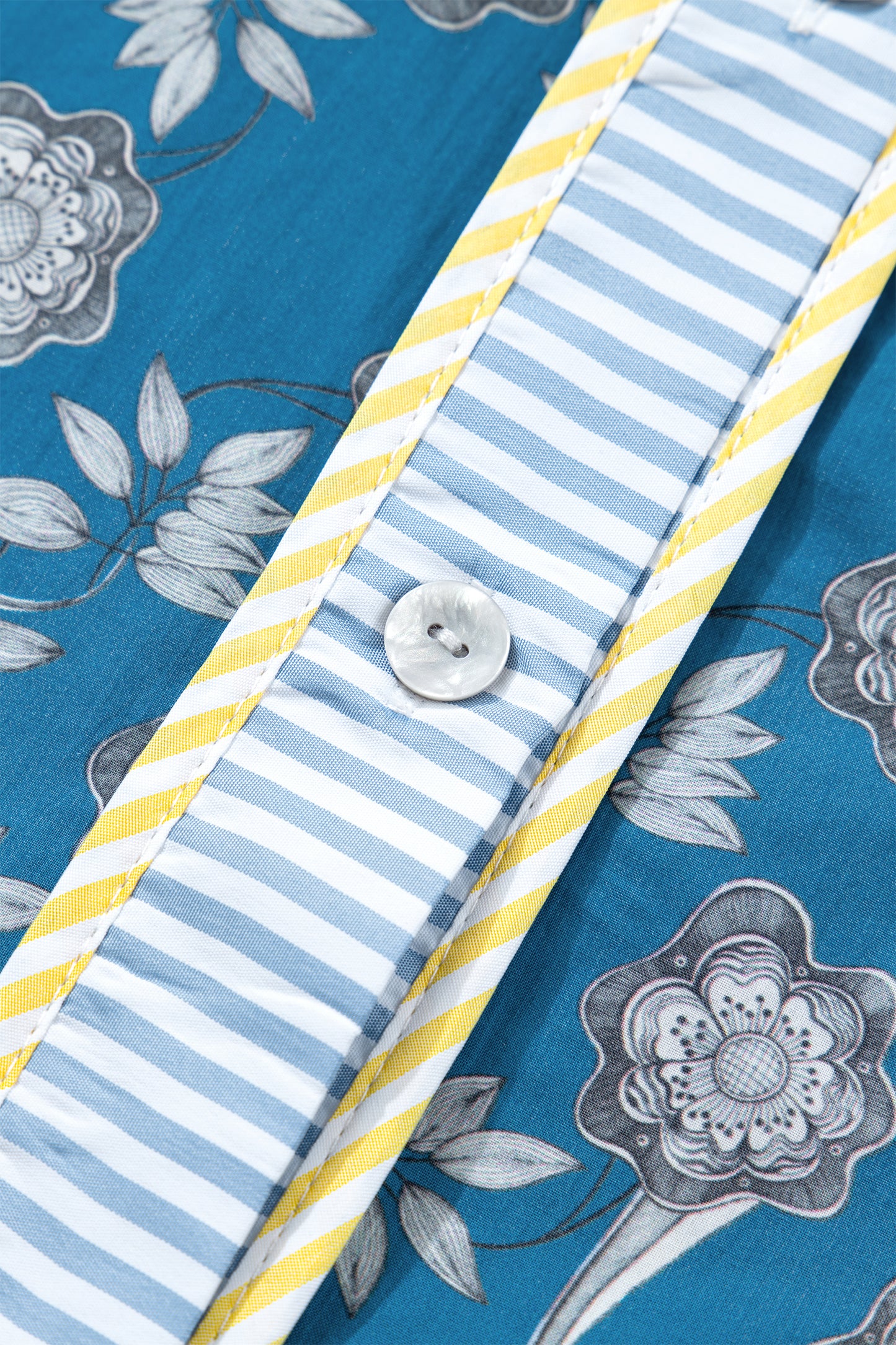 Blue Floral Print Striped Patchwork Detail Button Front Ruffle Hem Dress