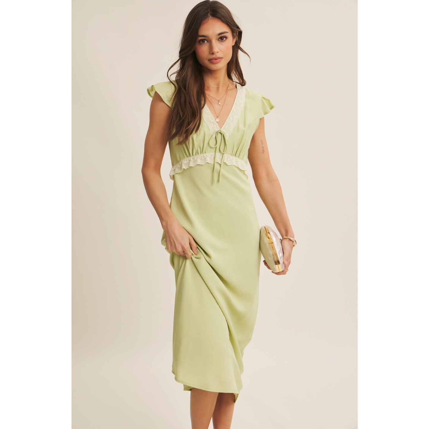 Midi Dress With Lace Trim Slim Fit Waist- Restock March 21st