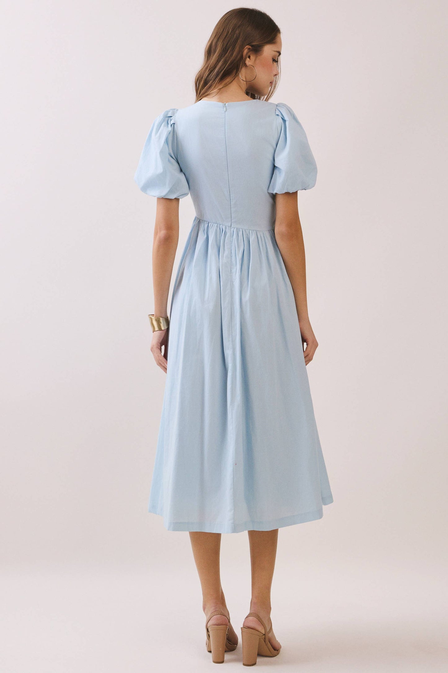 Puff Sleeve Midi Dress - Le Sage May Modest Round-Neck Faux Button Front