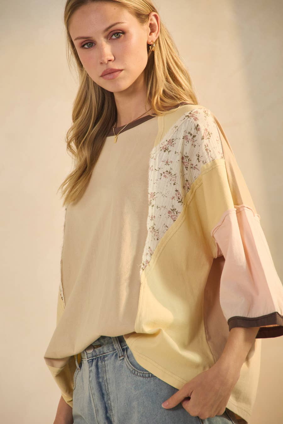 Plus Color Blocked Jersey Top With Floral Panels Modest Fashion Faith Based