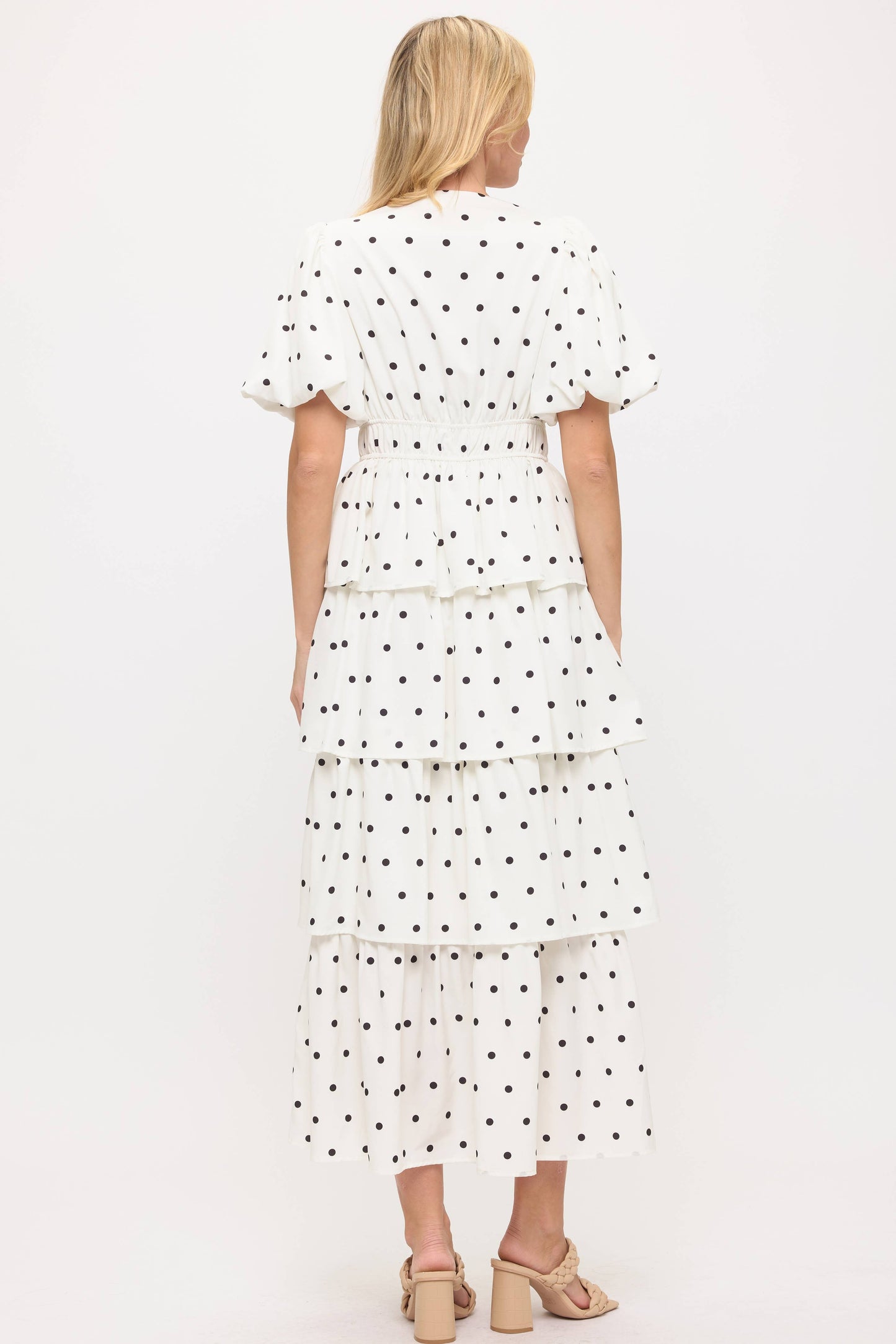 Polka Dot Ruffled V-Neck Puff Sleeves- Dainty Lady