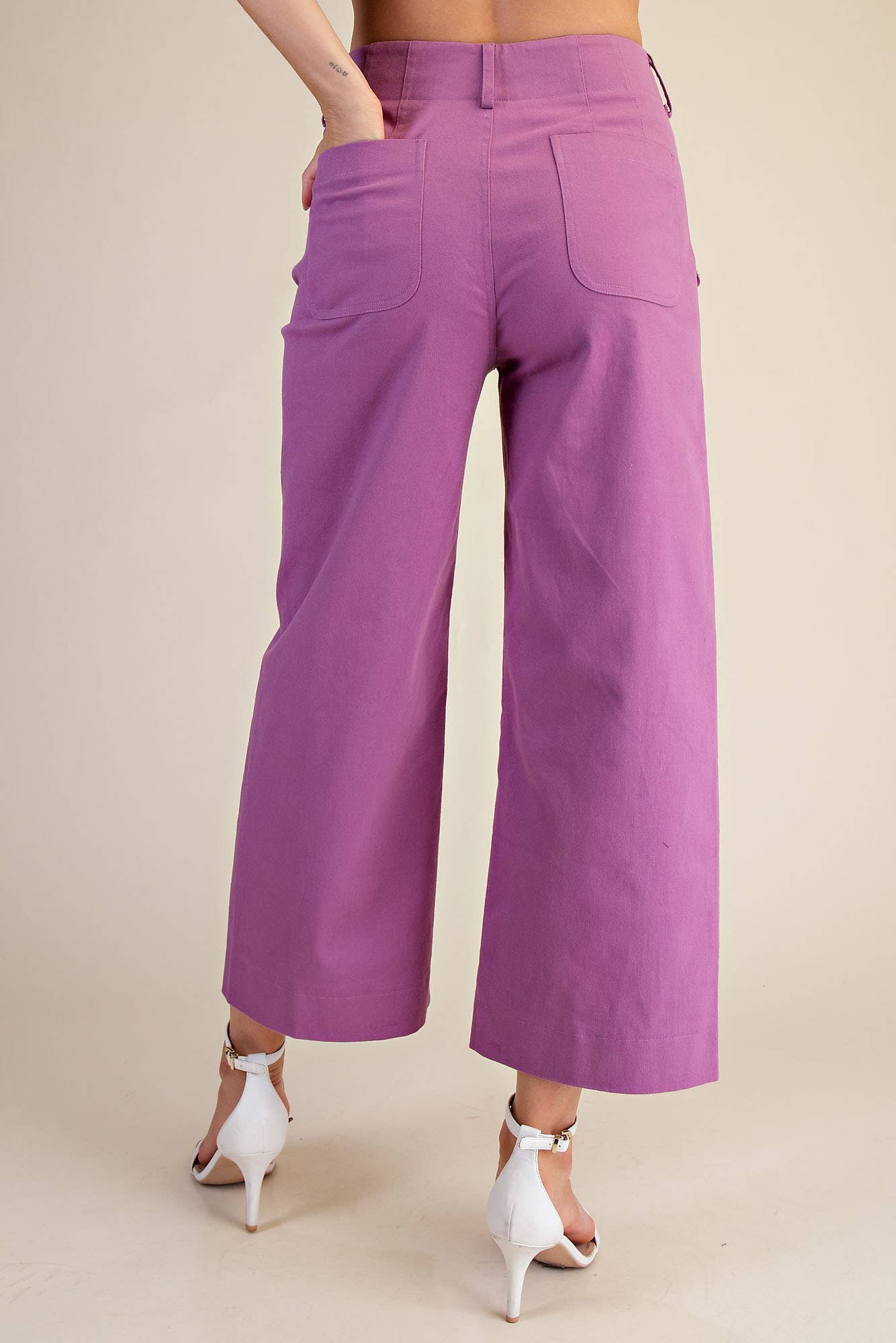 Pants Wide-Leg Cropped With Scalloped Pocket Detail Cotton Blend