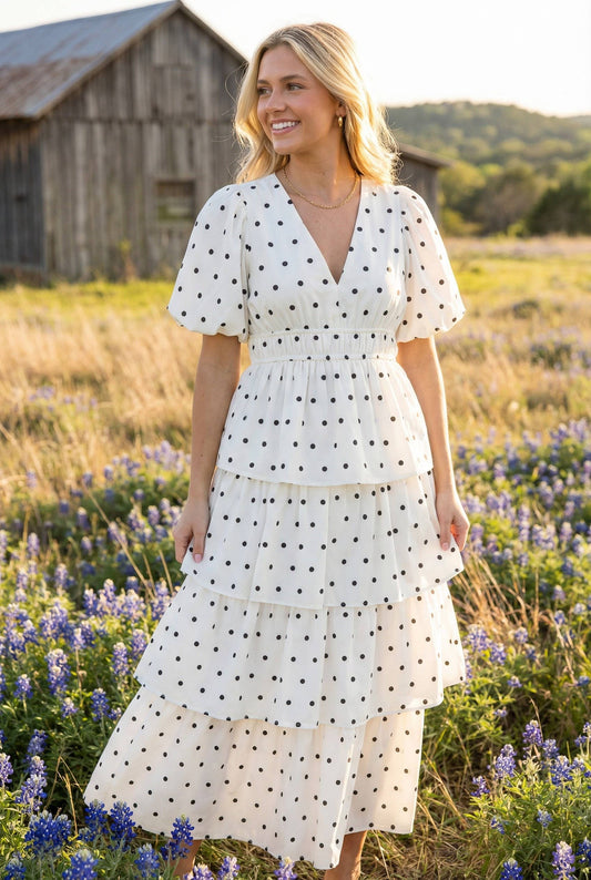 Polka Dot Ruffled V-Neck Puff Sleeves- Dainty Lady
