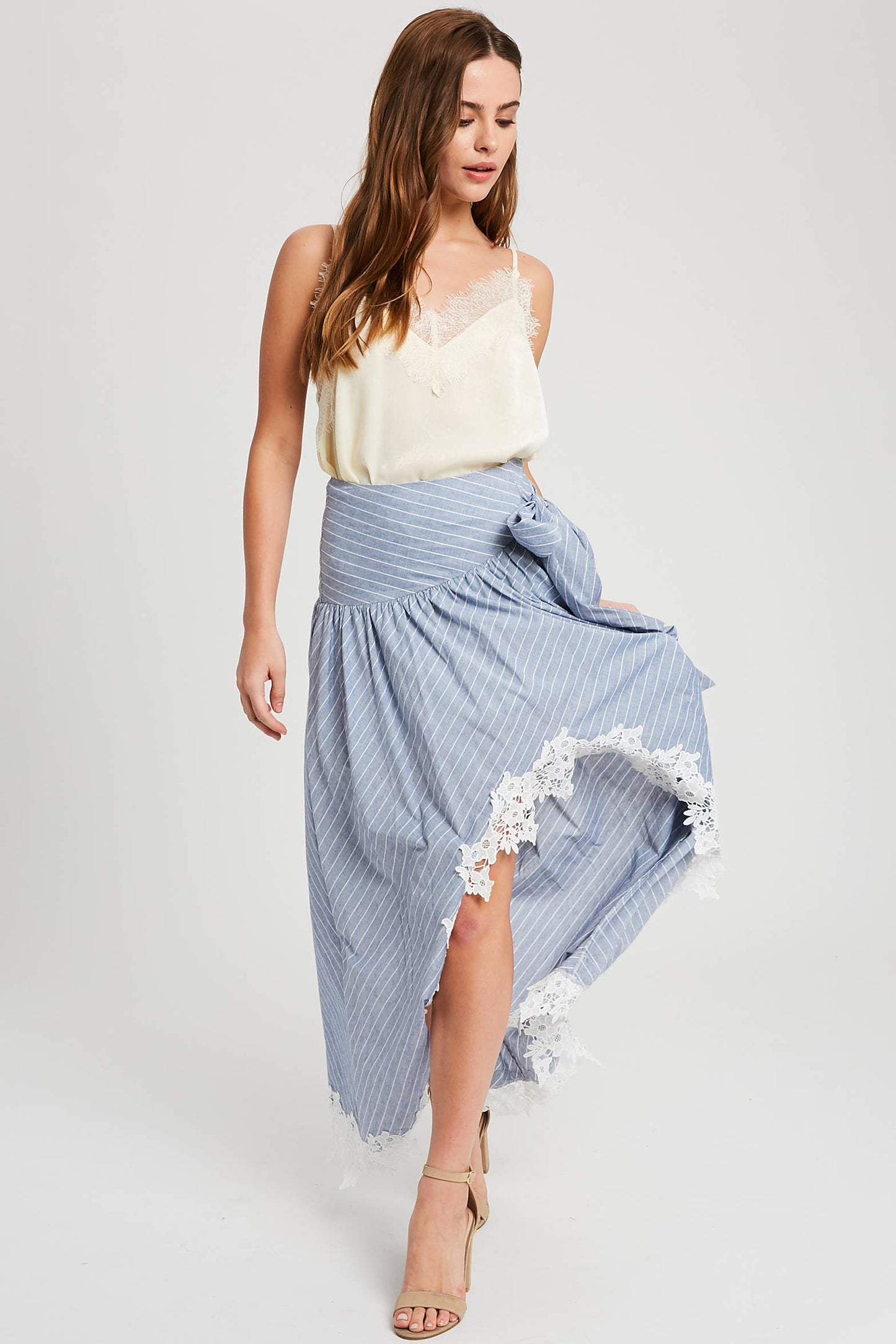 Wrap Maxi Skirt With Striped Lace Trim Fun Flirty Skirt