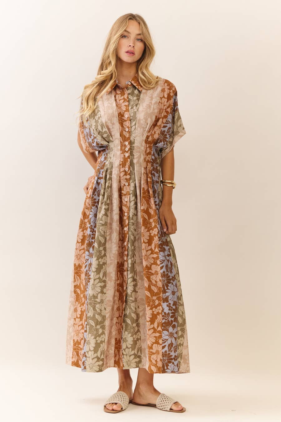 Midi Dress Modest Mixed Floral Print With Button Front Collar Relaxed Fit
