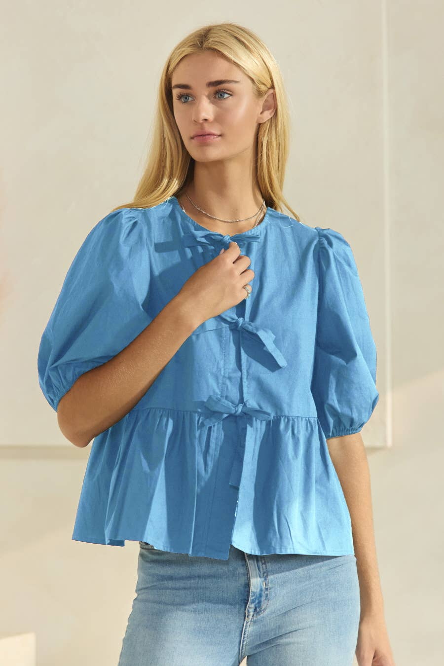 Poplin Front Tie Ribbon Peplum, Modest Puff Sleeve
