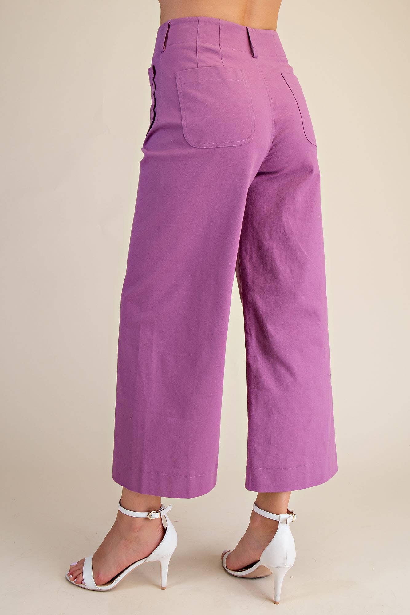 Pants Wide-Leg Cropped With Scalloped Pocket Detail Cotton Blend