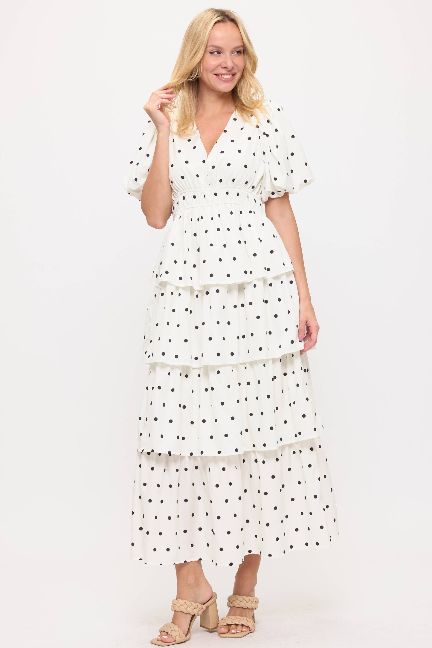 Polka Dot Ruffled V-Neck Puff Sleeves- Dainty Lady
