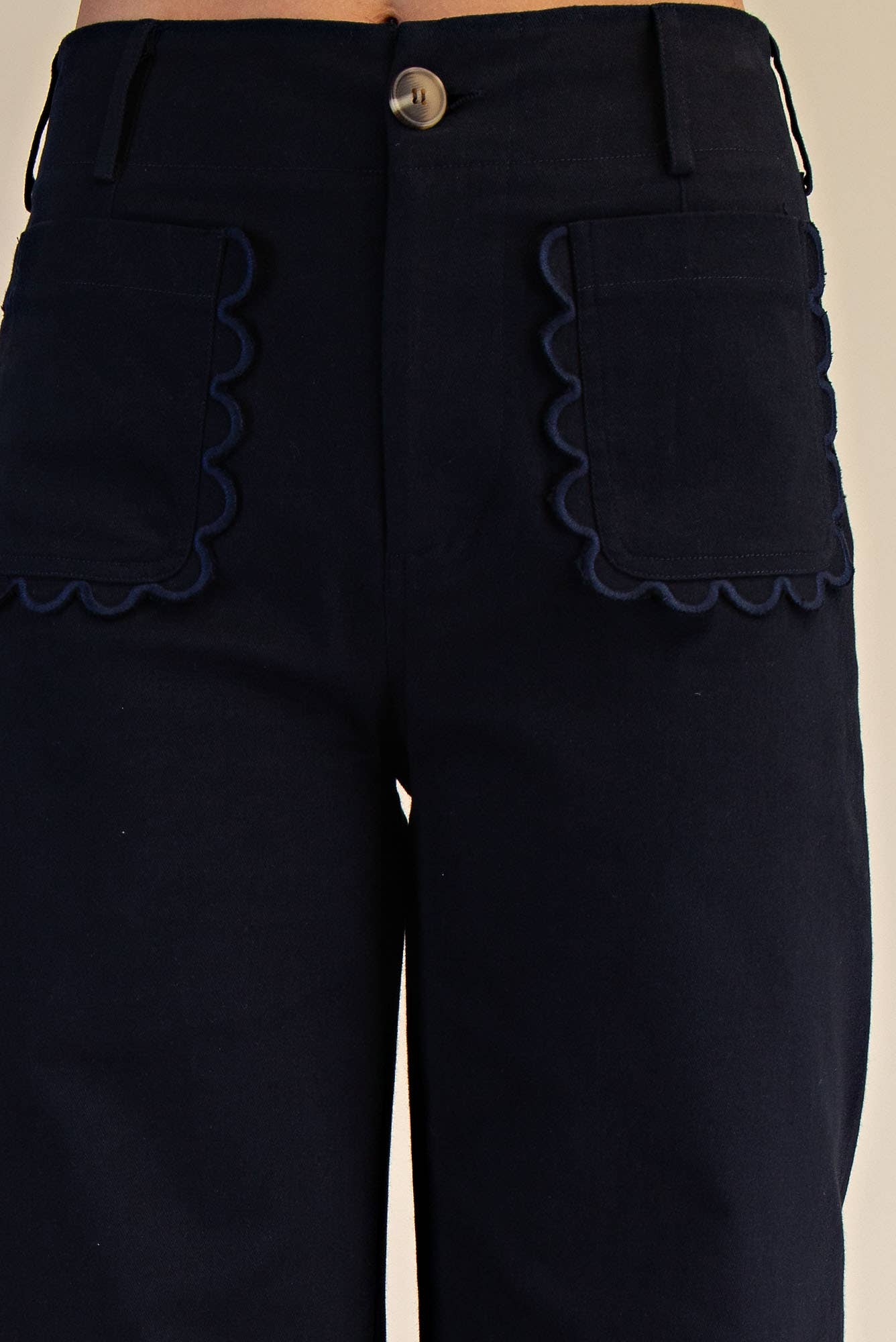 Pants Wide-Leg Cropped With Scalloped Pocket Detail Cotton Blend