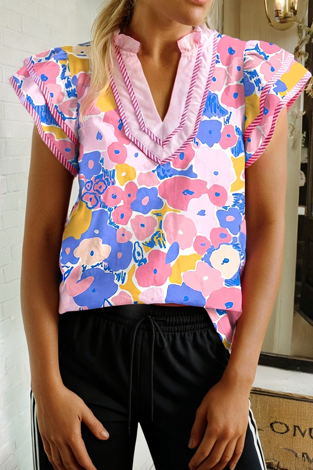 Pink Floral Flutter Sleeve Blouse