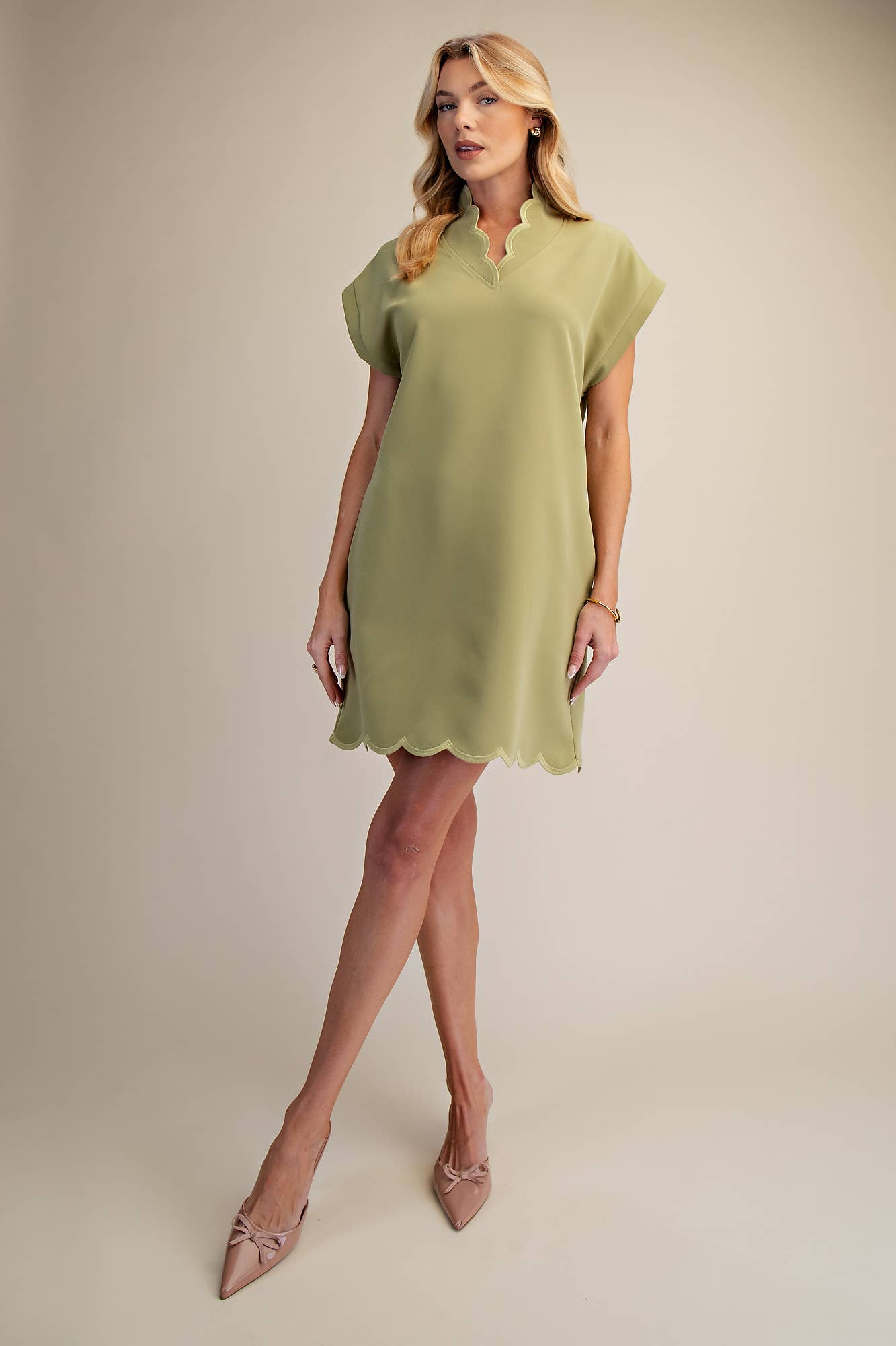 Mini Dress With Embroidered Scallop Trim V Neck And Hem Cap Sleeves - Super Cute