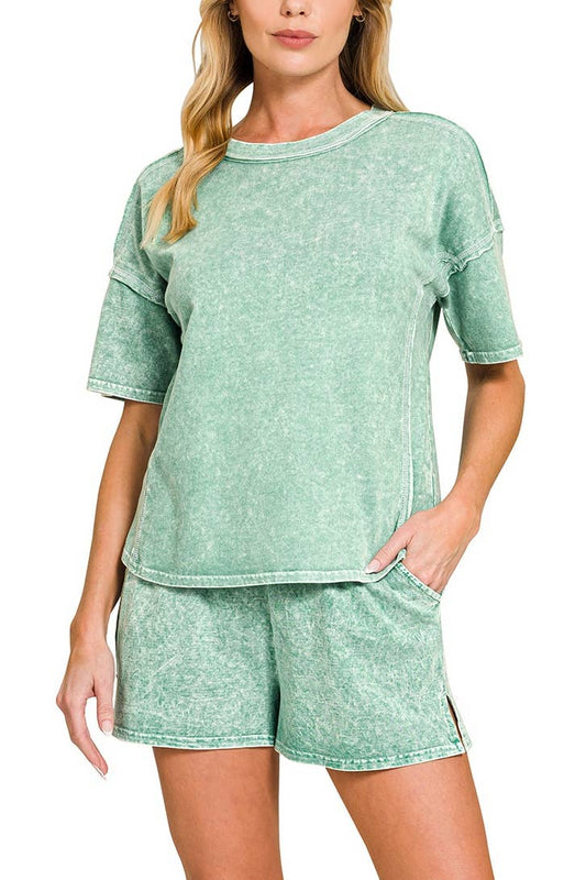 Short Sleeve Tee And Shorts Set Modest Snow Washed Women's Boutique Style