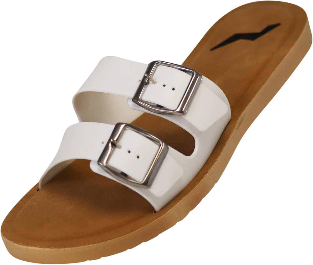 Women’s Two Buckle Slide Sandals White Contoured Footbed Sizes 5 To 10