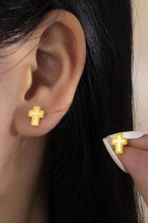 Cross Heart Stud Earrings 18K Gold Finish Tarnish Free Waterproof Faith Based