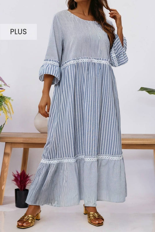 Shift Dress With Stripe Crisscross Lace Patch S-3X