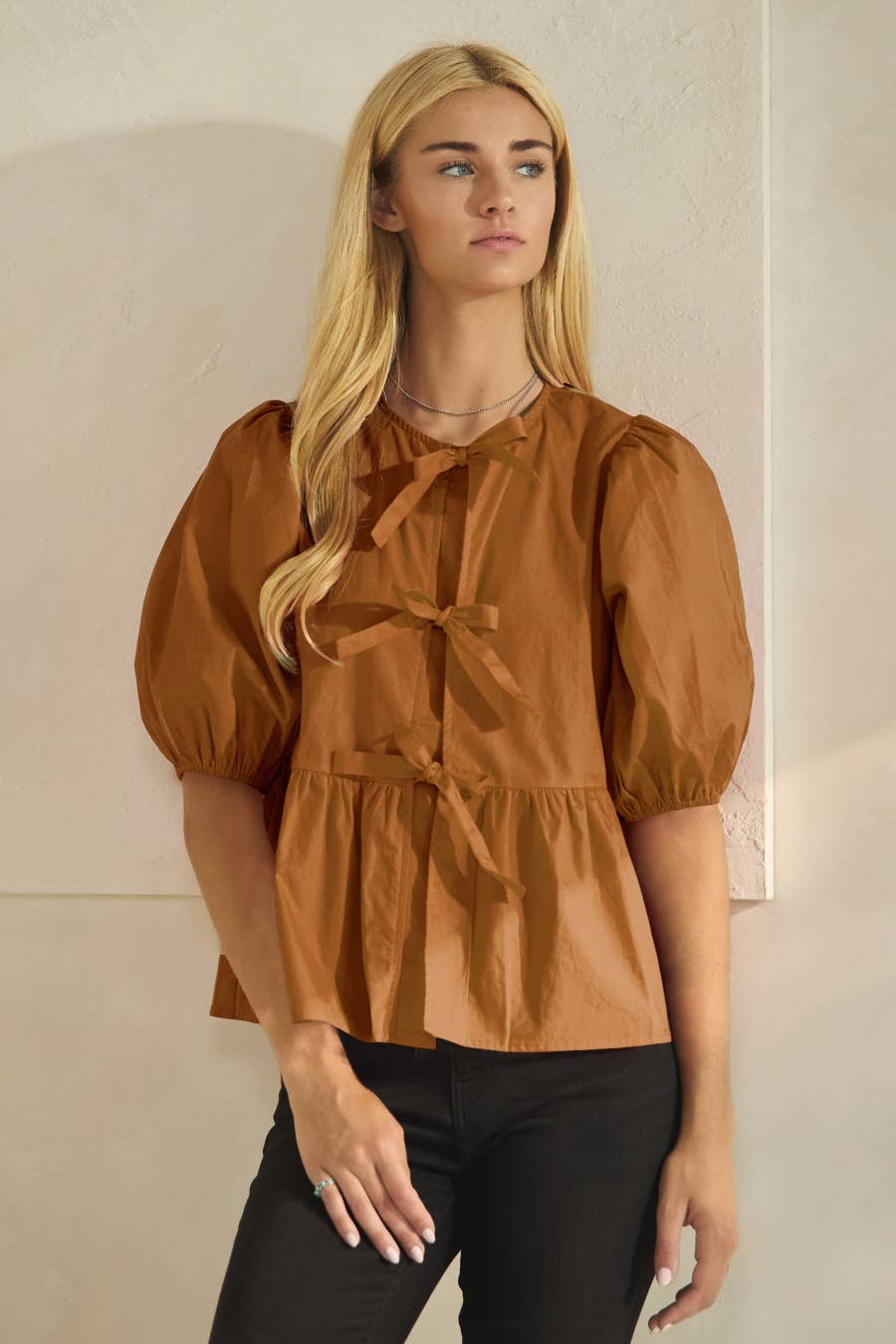 Poplin Front Tie Ribbon Peplum, Modest Puff Sleeve