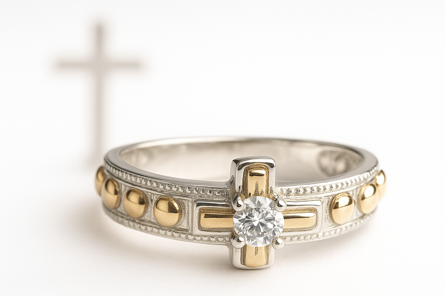 Rosary Ring - Unisex Sterling Silver With 10K Gold Details And Cubic Zirconia
