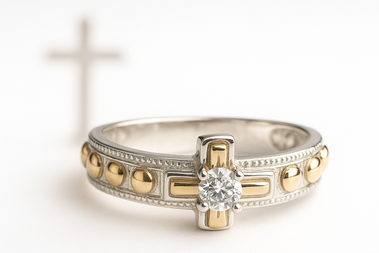 Rosary Ring - Unisex Sterling Silver With 10K Gold Details And Cubic Zirconia