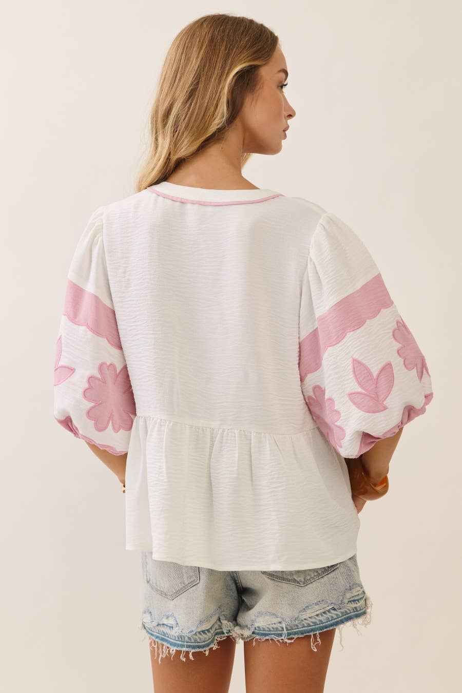 Peplum Blouse With Embroidered Puffed Sleeves- Pink & Ivory