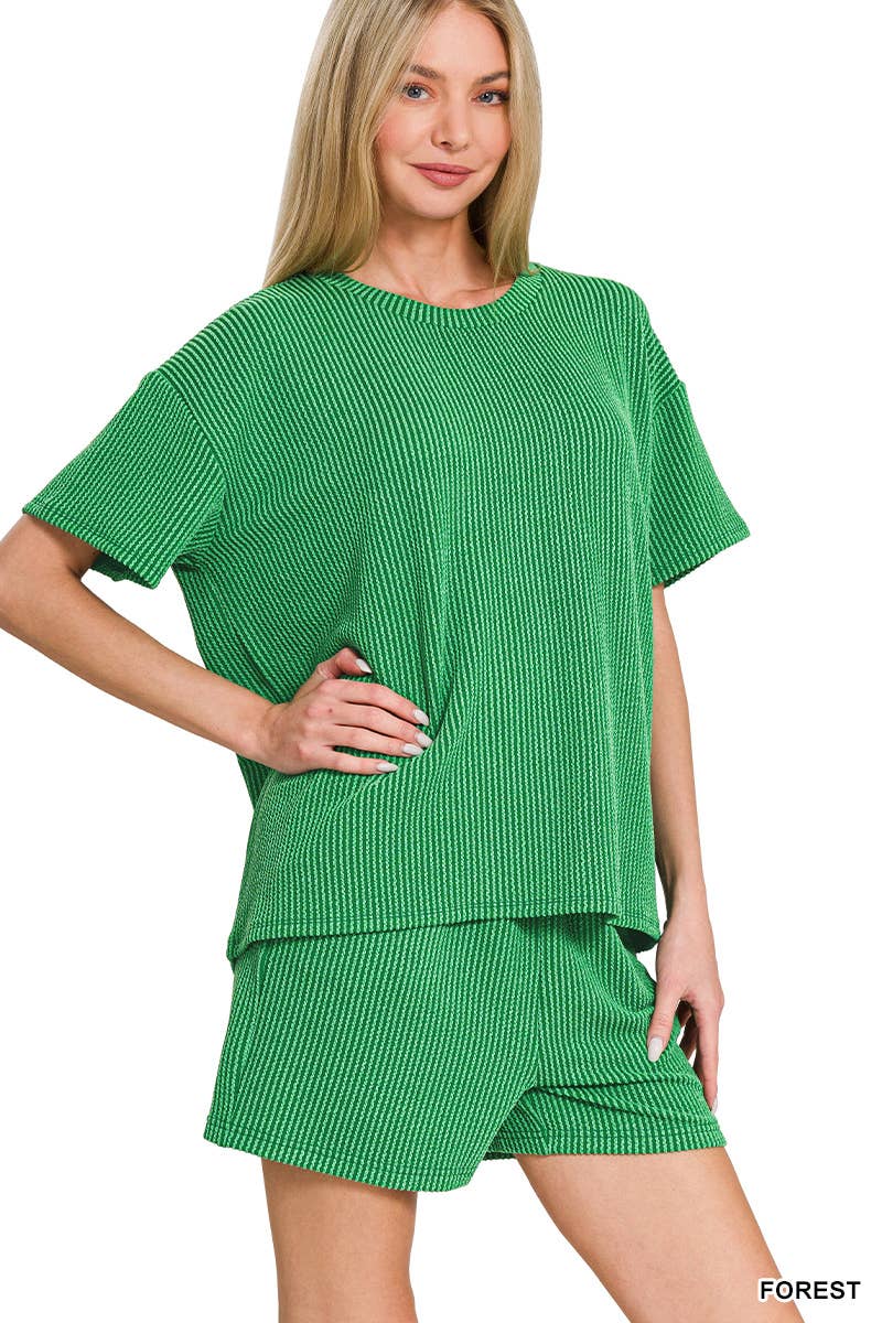 Corded Rib Tee And Drawstring Shorts Set For Women