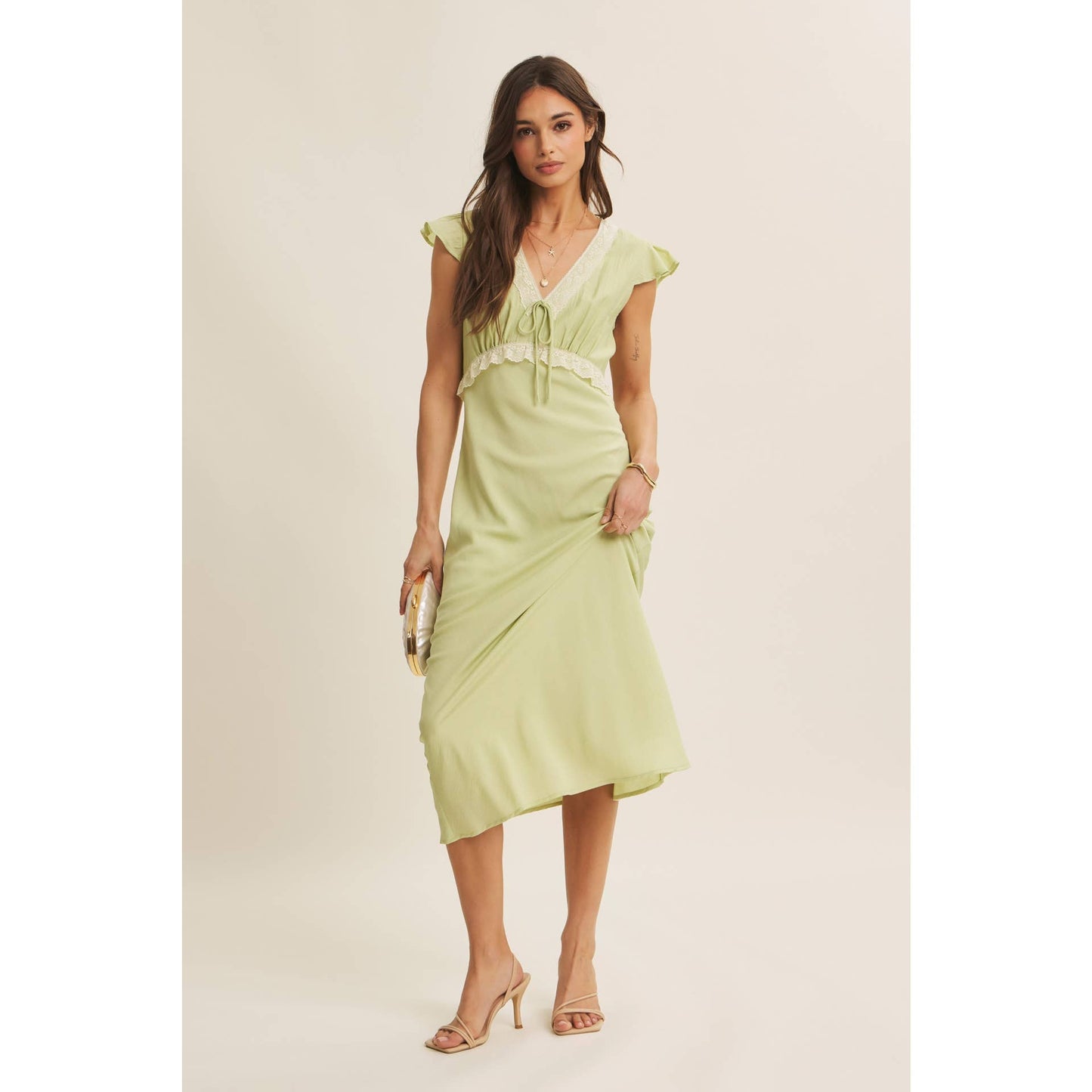 Midi Dress With Lace Trim Slim Fit Waist- Restock March 21st