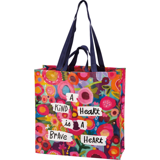 Market Tote With Floral Design And A Kind Heart Is A Brave Heart