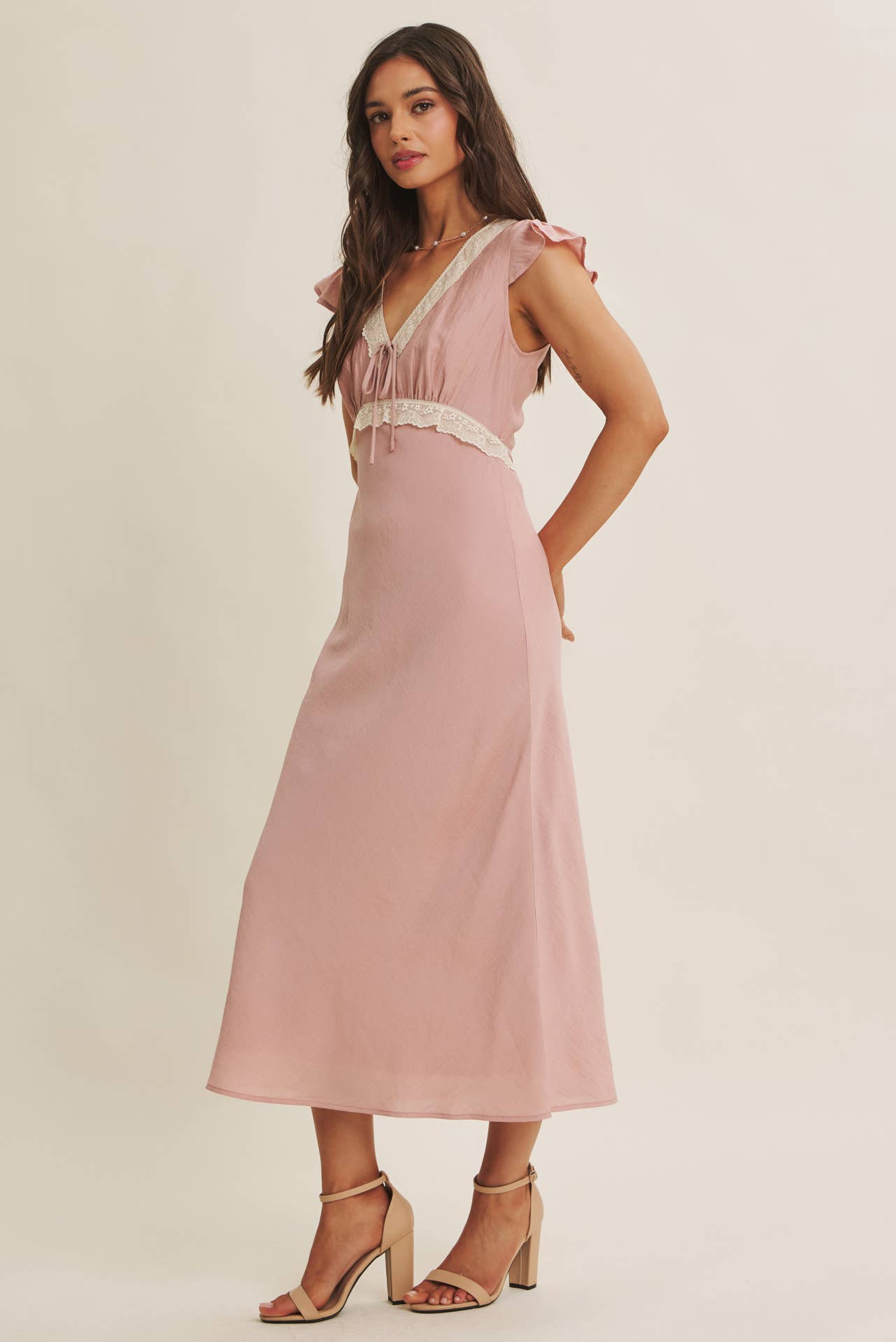 Midi Dress With Lace Trim Slim Fit Waist- Restock March 21st