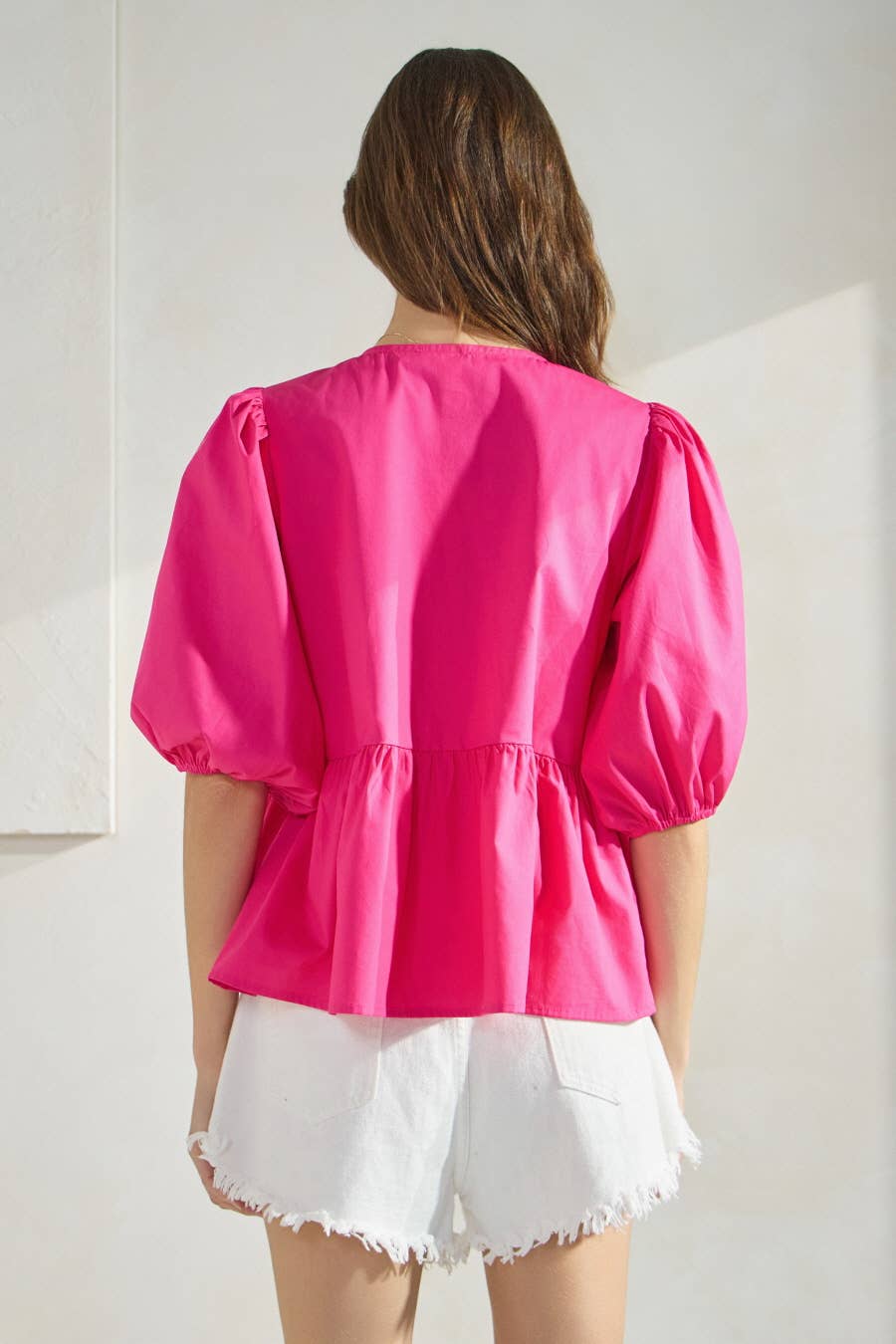 Poplin Front Tie Ribbon Peplum, Modest Puff Sleeve