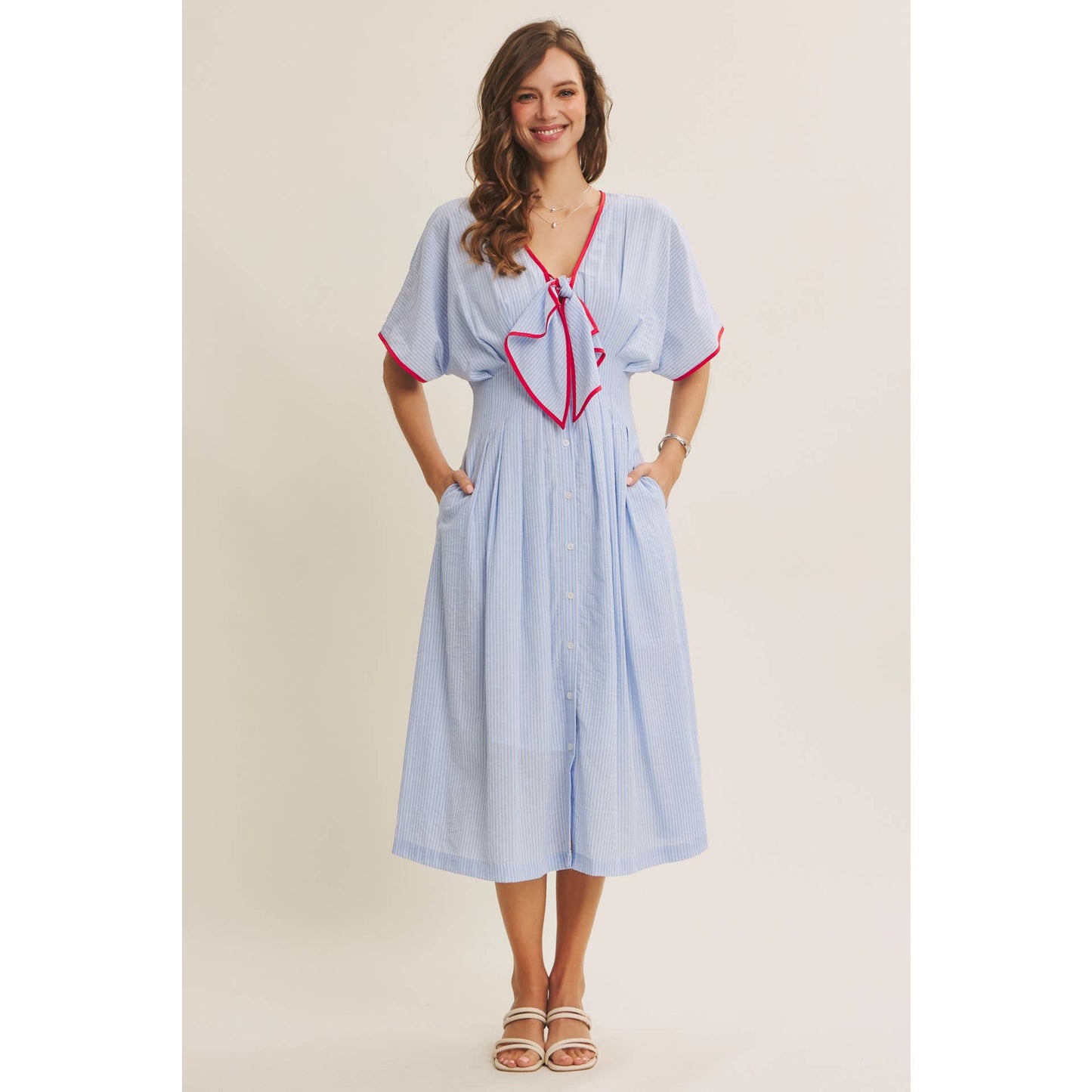 Midi Dress With Pleated Stripe Button Down Tie Modest Fashion Easter