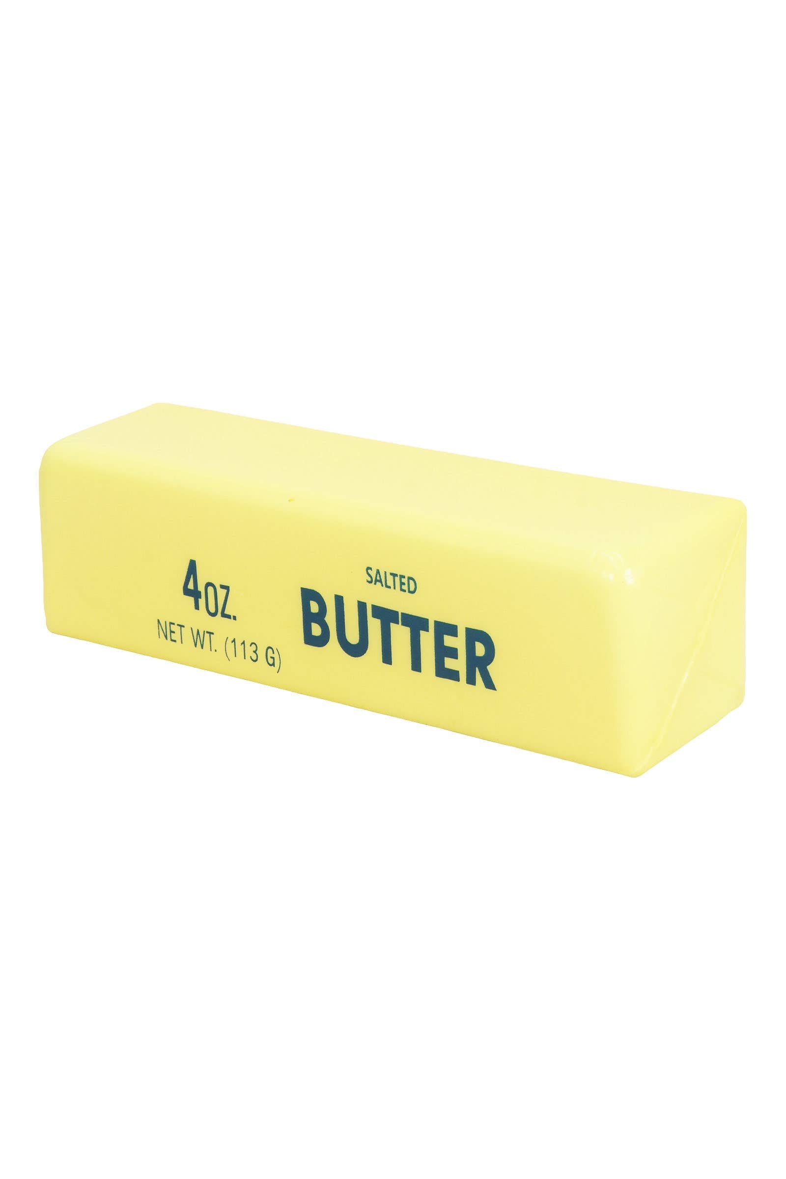 Yellow butter-scented slow-rise foam squishy bar, 5 inches long, packaging reads BUTTER.