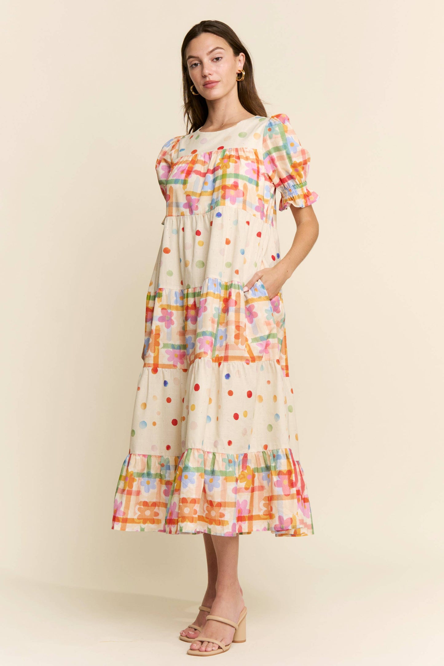Maxi Dress - Modest Multicolor Floral Polka Dot With Pockets, 100 Percent Cotton