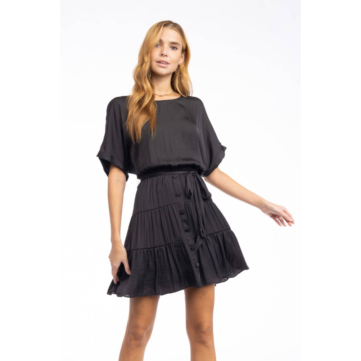 Short Sleeve Tiered Mini Dress - Front Button, Tie Waist, Little Dress
