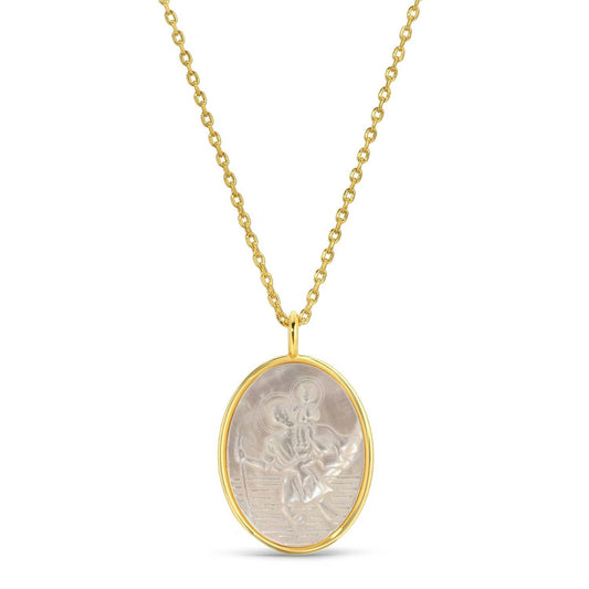 Saint Christopher Pendant Necklace - Etched Shell Oval, 18K Gold Plated