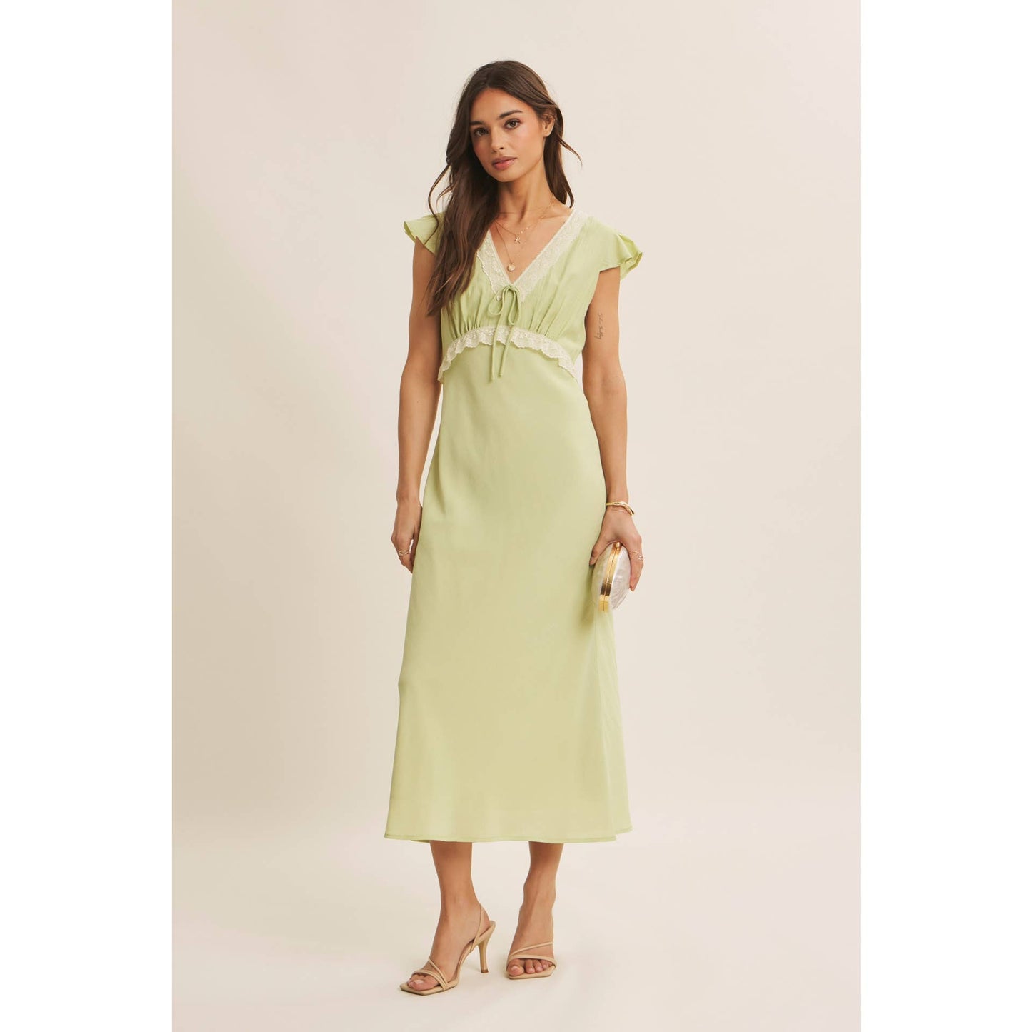 Midi Dress With Lace Trim Slim Fit Waist- Restock March 21st