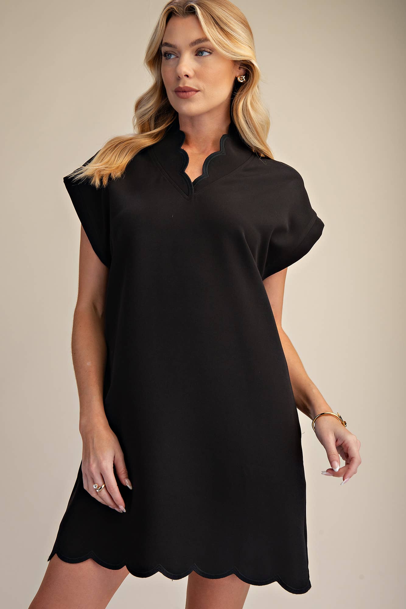 Mini Dress With Embroidered Scallop Trim V Neck And Hem Cap Sleeves - Super Cute
